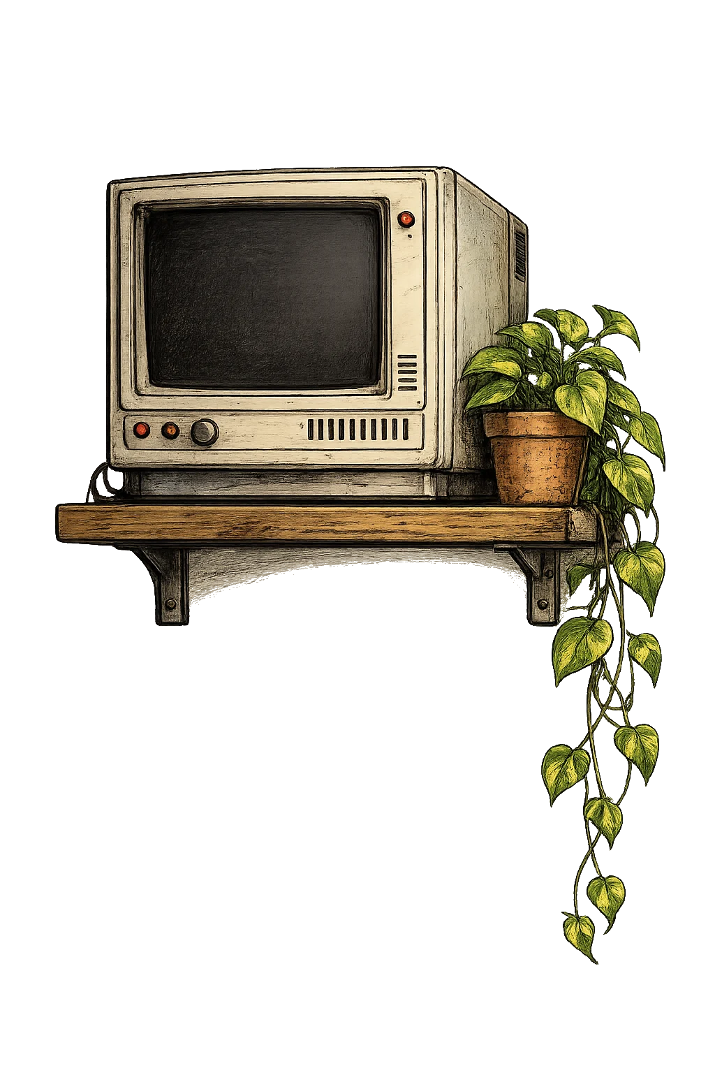A vintage terminal on a shelf with a trailing plant